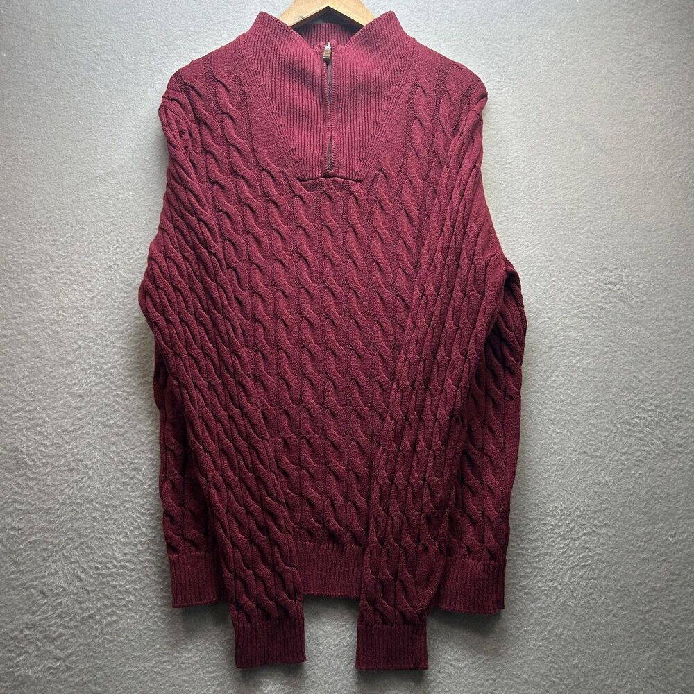 Cable Knit‎ Grandpa Sweater 1905 Large Burgundy Quarter Zip Cable Knit Mock Neck